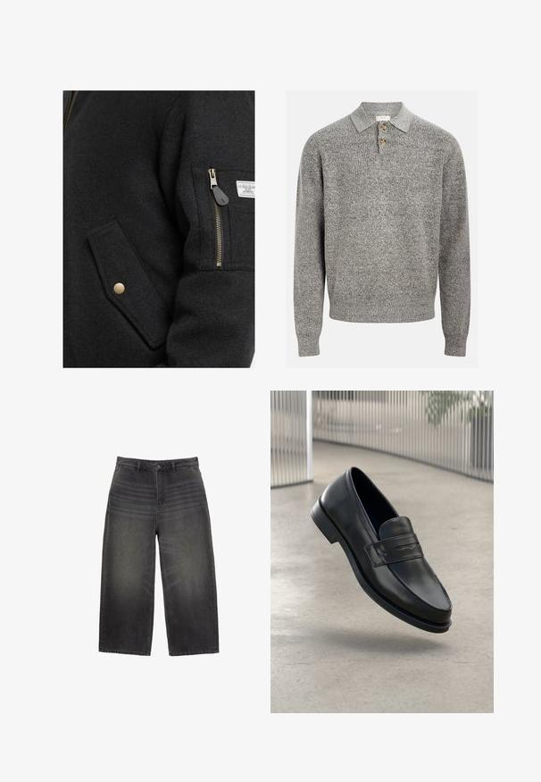 Svart ullblandad jacka med en zippered ficka, gyllene detaljer och en sidoficka med klaff. Tyget har ett slätt, texturerat utseende.; Grå stickad tröja med polo-krage, utrustad med tre knappar. Ribbad struktur och långa ärmar. Enkelt, klassiskt design.; Breda ben, svarta denimjeans med en urtvättad finish, har en klassisk femfickorsdesign och knappstängning. Rakt snitt med en texturerad yta.; Svart lädersko med slät struktur, spetsig tå och en dekorativ rem över fotryggen. Lätt sula, minimalistisk design.