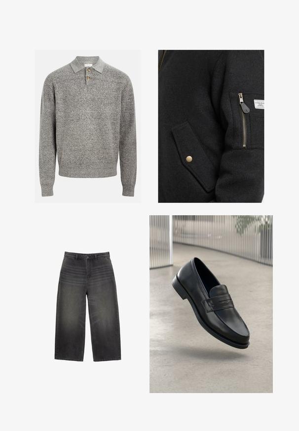 Veste en mélange de laine noire avec poche zippée, accents dorés et poche à rabat sur le côté. Le tissu a une apparence lisse et texturée.; Pull en maille gris avec col polo, comportant trois boutons. Texture côtelée et manches longues. Design simple et classique.; Jeans en denim noir à jambes larges avec une finition délavée, dotés d'un design classique à cinq poches et d'une fermeture à bouton. Coupe droite avec une surface texturée.; Mocassin en cuir noir à texture lisse, bout pointu et bande décorative sur le cou-de-pied. Semelle légère, design minimaliste.