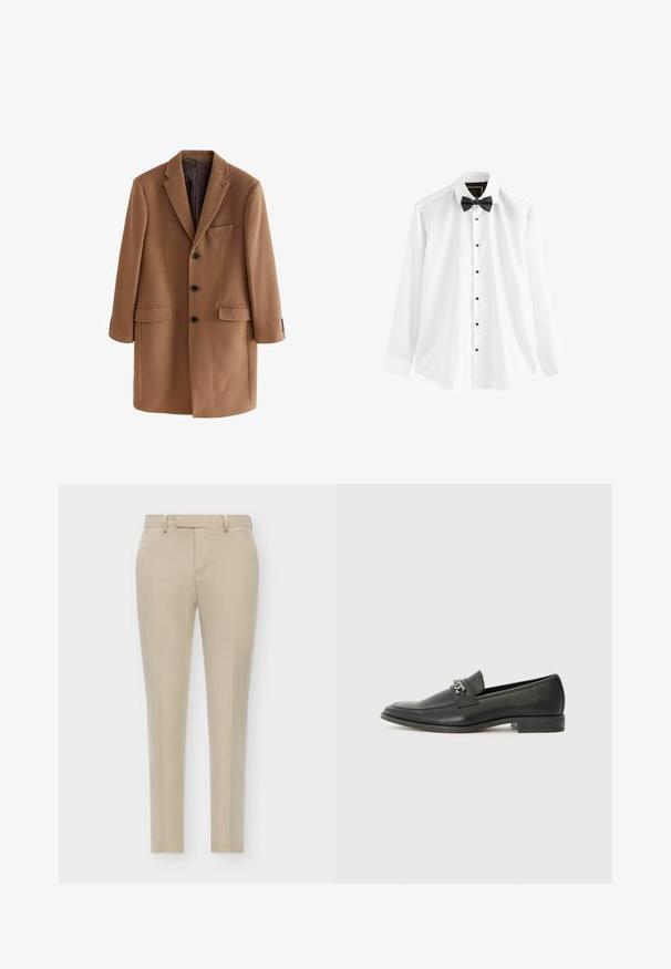 Abrigo de lana marrón con solapa de muesca, tres botones frontales, dos bolsillos delanteros y un bolsillo en el pecho. Tejido suave y con textura.; Camisa blanca de algodón, con mangas largas, una pajarita negra y botones negros en el frente.; Pantalones beige ajustados de corte entallado, con un frente plano, bolsillos laterales discretos y un tejido suave y texturizado.; Mocasín de cuero negro con un acabado suave, que cuenta con un diseño de costura y un acento decorativo de cadena de metal en el empeine. Tacón plano.