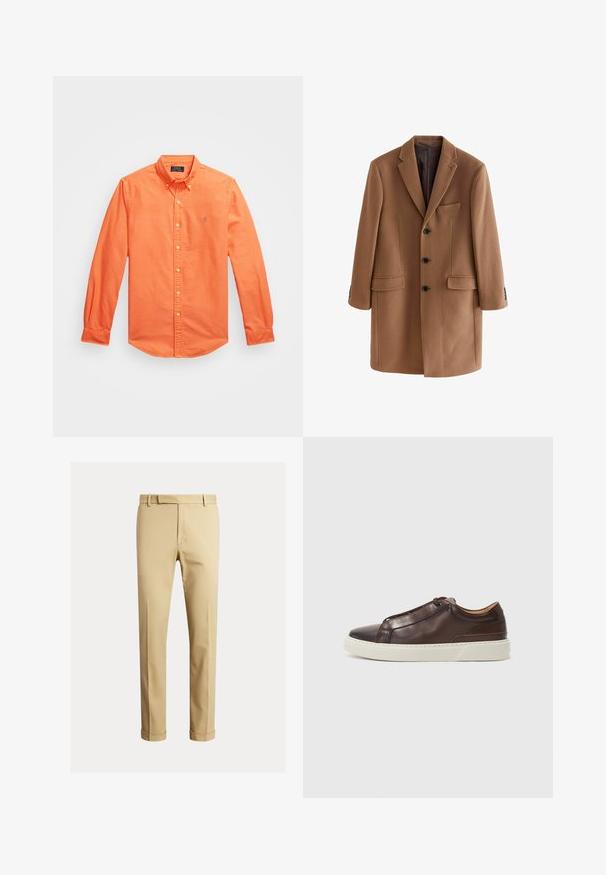 Rjav volnen plašč z režastim ovratnikom, tremi sprednjimi gumbi, dvema sprednjima žepoma in enim žepom na prsih. Gladek, teksturiran material.; Srajca z dolgimi rokavi in gumbom v živahni oranžni bombažni tkanini, ki ima klasičen ovratnik, subtilno vezenje logotipa in gumbaste manšete.; Kahe barvni chinos narejeni iz gladkega bombažnega blaga, ki ponujajo prilegan dizajn, sprednje pregibe in manšete pri gležnju za ozko silhueto.; Rjavi usnjeni športni čevlji z zaobljenim nosom, kontrastnim belim gumijastim podplatom, šivanim detajlom in brez vidnih vezalk. Splošno gladka tekstura.