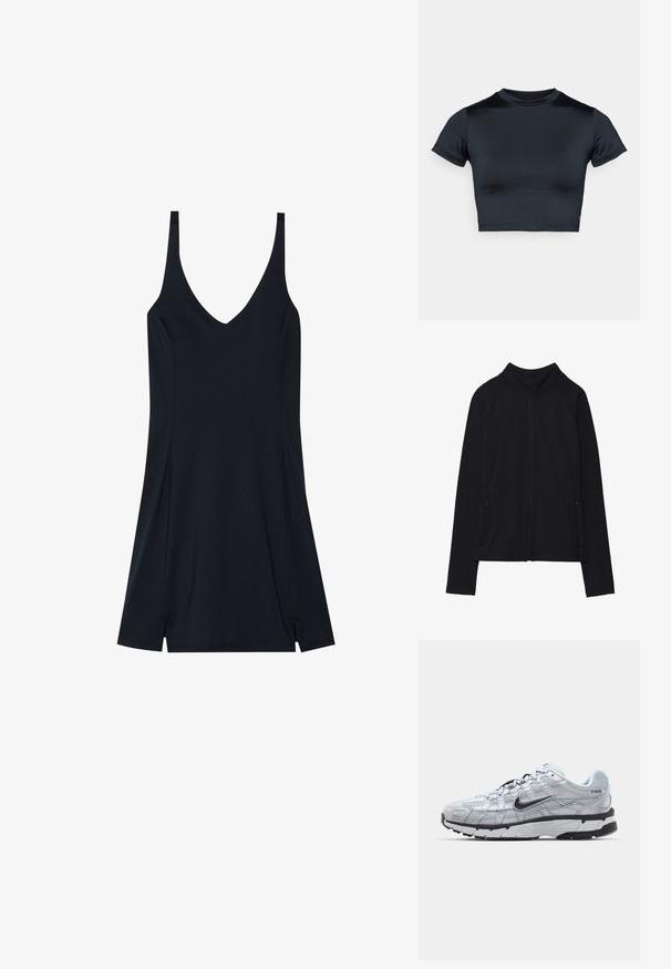 Jachetă neagră cu mâneci lungi și fermoar, guler înalt și două buzunare frontale cu fermoar, prezentată așezată plat pe fundal alb.; Rochie neagră fără mâneci, cu decolteu în V, confecționată dintr-un material moale. Are un design fluid, cu fante laterale la margine pentru o mișcare mai liberă.; Top scurt cu mâneci scurte, cropped, în nuanță bleumarin închis, realizat dintr-un material neted și elastic. Are un decolteu rotund și detalii minime de cusături. Fără logo-uri vizibile.; Tenisii Nike P-6000 cu un upper din plasă gri deschis, accente negre și o talpă din cauciuc negru durabilă. Caracterizează un design complex și un sistem de șireturi sofisticat.