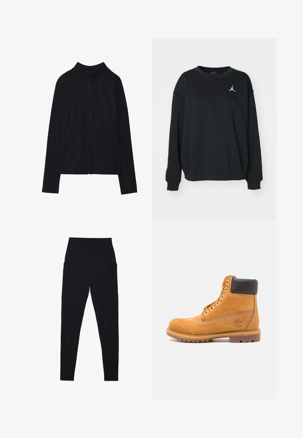 Crna jakna s dugim rukavima na patent zatvarač, visokim ovratnikom i dva prednja džepa na patent, prikazana ravno na bijeloj pozadini.; Crna majica s kapuljačom izrađena od pamuka, s okruglim izrezom, dugim rukavima, rebrastim rubovima na rukavima i donjem dijelu, a na prsima se nalazi bijeli Jumpman logo.; Crne tajice s visokim prugastim pojasom, bešavnim dizajnom, bočnim džepovima i glatkom teksturom kroz cijelu površinu.; Smeđe kožne gležnjače s crnim podstavama, zlatnim umetkom i teksturiranim potplatom. Imaju kružni logo sa strane i šavove kao naglaske.