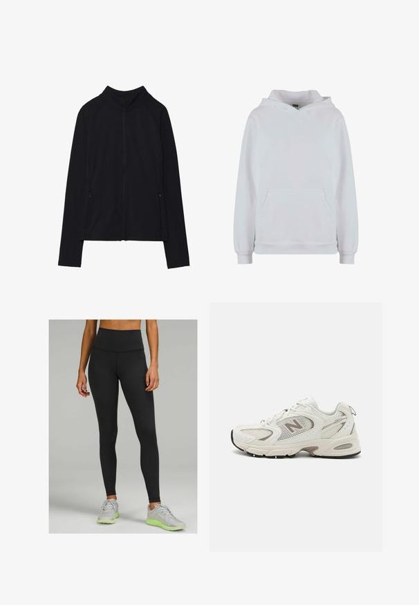 Chaqueta negra de manga larga con cremallera, cuello alto y dos bolsillos delanteros con cremallera, exhibida plana sobre un fondo blanco.; Sudadera blanca con capucha fabricada en una mezcla de algodón. Presenta mangas largas, un bolsillo tipo canguro en la parte delantera y puños y dobladillo acanalados.; Leggings negros de cintura alta fabricados con un material elástico, que presentan una textura suave y un diseño ajustado. Combinados con zapatillas deportivas de color gris claro.; Zapatilla de running de malla blanca con detalles en gris, puntera redonda, diseño de cordones, suela acolchada y un destacado logo "N" en el costado.