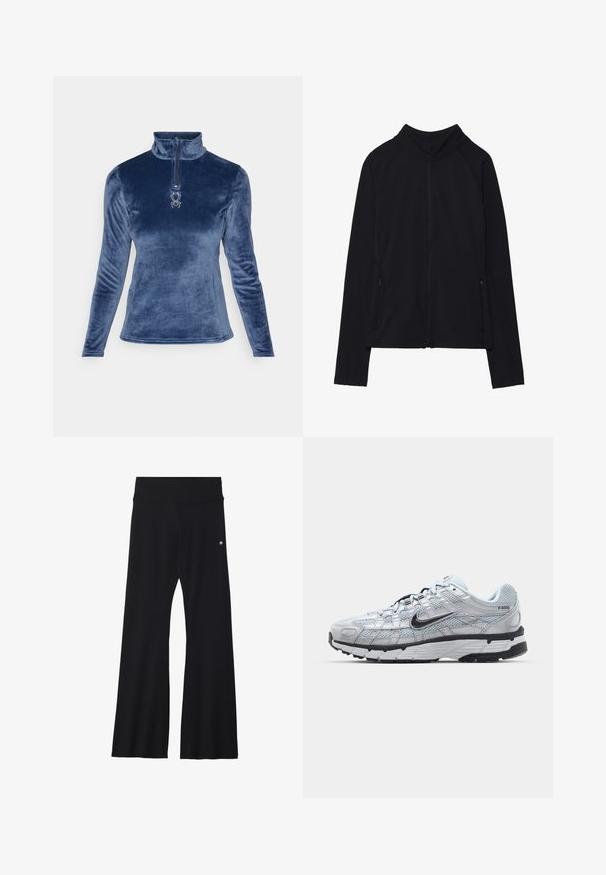 Zwarte lange mouwen jas met ritssluiting, hoge kraag en twee voorzakken met rits, plat neergelegd tegen een witte achtergrond.; Spyder SHIMMER BUG 1/2 ZIP - Fleece trui - true navy; Zwarte wijde broek gemaakt van rekbare stof, met een brede tailleband en een klein logo op de heup. Gladde textuur en een broek van volledige lengte.; Nike P-6000 sneakers met een lichtgrijze mesh bovenkant, zwarte accenten en een duurzame zwarte rubberen zool. Kenmerkt zich door een ingewikkeld ontwerp en vetersysteem.