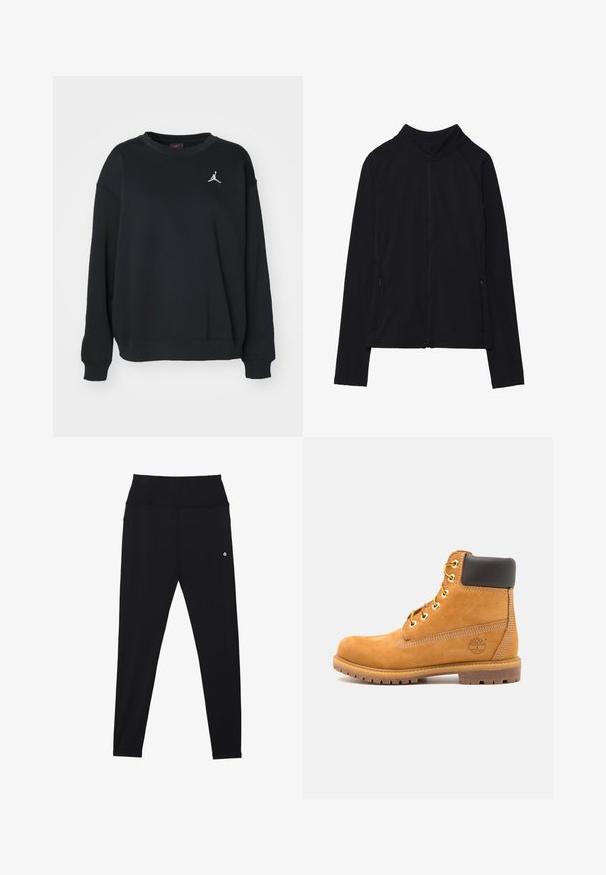 Giacca nera a maniche lunghe con zip e collo alto, due tasche frontali con zip, mostrata distesa su sfondo bianco.; Felpa nera in cotone, con scollo rotondo, maniche lunghe, polsini e orlo a coste, caratterizzata dal logo Jumpman bianco sul petto.; Leggings nere con vita alta, realizzate in tessuto elasticizzato. Presentano cuciture sottili e un piccolo logo vicino alla vita.; Stivale alla caviglia in pelle marrone con imbottitura nera, occhielli dorati e suola texturizzata. Presenta un logo circolare su un lato e dettagli di cucitura.