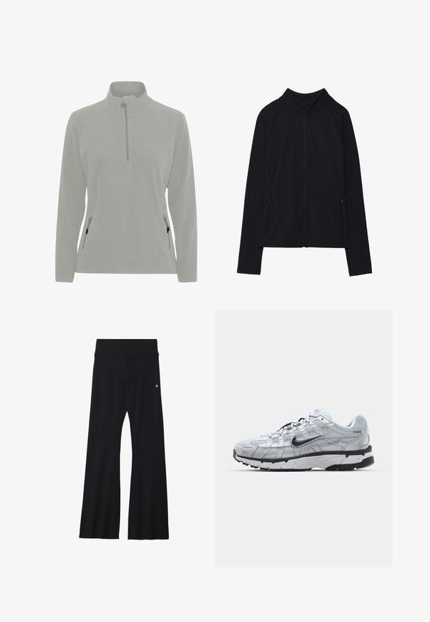 Svart langermet jakke med glidelås, høy krage og to frontlommer med glidelås, vist flat på hvit bakgrunn.; Lys grå fleecegenser med høy hals, halv glidelås, sidelommer med glidelås og en glatt tekstur. Enkel logo på brystet.; Svarte vide bukser laget av elastisk materiale, med bred linning og liten logo på hoften. Jevn tekstur og hel-lang design.; Nike P-6000 sneakers med en lys grå mesh-overdel, sorte detaljer og en slitesterk svart gummisåle. Har et intrikat design og snøresystem.