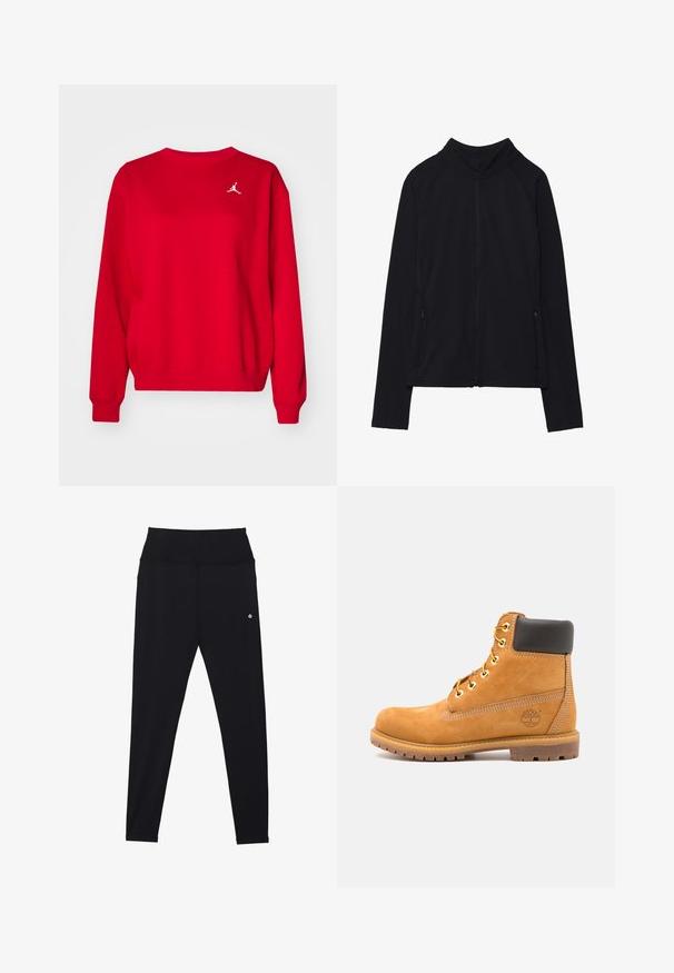 Fekete, hosszú ujjú, cipzáros dzseki magas gallérral és két elől cipzáras zsebbel, fehér háttér előtt laposan elhelyezve.; Piros pamut pulóver, kerek nyakkal, bordázott ujjak és szegély. Bal mellen fehér Jumpman logó található. Sima textúra.; Fekete leggings magas derékpánttal, rugalmas anyagból készült. Finom varrással és egy kis logóval a derékpánt közelében.; Barna bőr bokacsizma fekete párnázással, arany fűzőszemekkel és textúrált talppal. Oldalán kör alakú logóval és díszítő varrással rendelkezik.