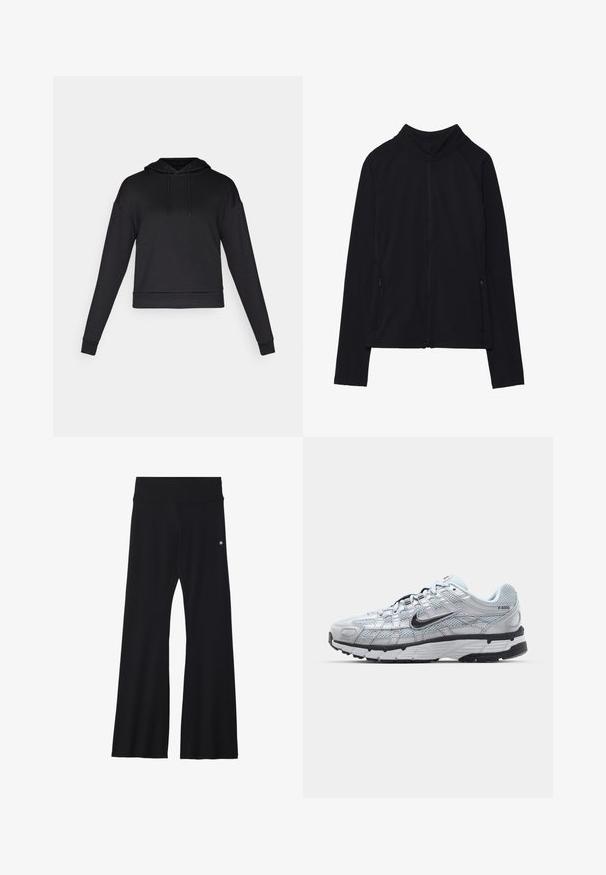 Giacca nera a maniche lunghe con zip e collo alto, due tasche frontali con zip, mostrata distesa su sfondo bianco.; Felpa nera con cappuccio, realizzata in un tessuto morbido. Presenta maniche lunghe, una tasca frontale e orlo a coste. Nessun motivo o hardware visibile.; Pantaloni neri svasati realizzati in materiale elasticizzato, con una cintura ampia e un piccolo logo sull'anca. Tessuto liscio e design a tutta lunghezza.; Sneakers Nike P-6000 con una toma superiore in mesh grigio chiaro, accenti neri e una resistente suola in gomma nera. Dotati di un design intricato e di un sistema di allacciatura.