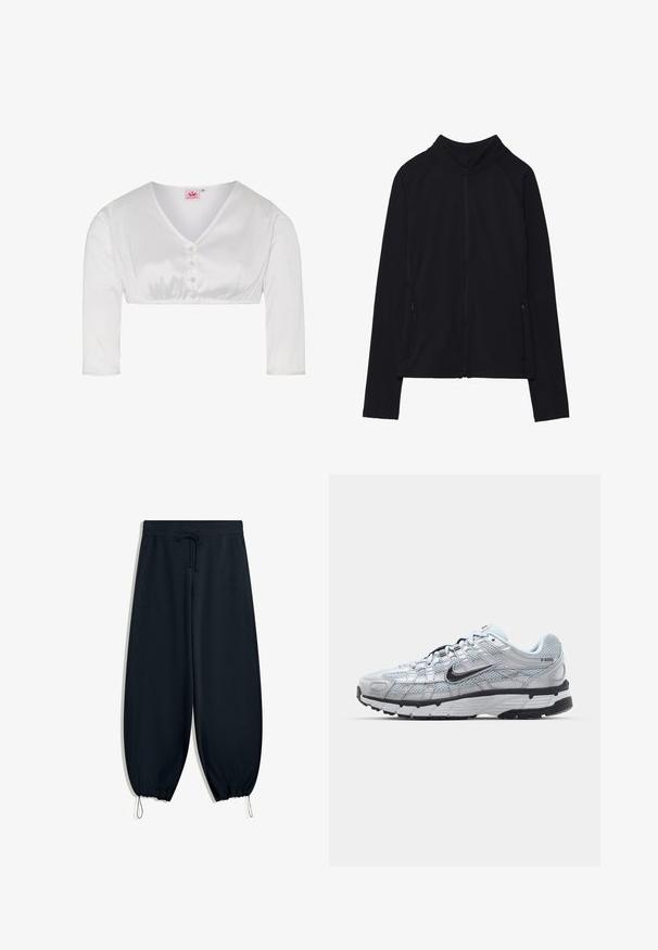 Zwarte lange mouwen jas met ritssluiting, hoge kraag en twee voorzakken met rits, plat neergelegd tegen een witte achtergrond.; Witte cropped top met een V-hals, lange mouwen en zes decoratieve knopen aan de voorkant. Soepele satijnen textuur met een getailleerd ontwerp.; Zwarte sweatpants van zachte stof, met een elastische tailleband met trekkoord, taps toelopende enkels en zijzakken.; Nike P-6000 sneakers met een lichtgrijze mesh bovenkant, zwarte accenten en een duurzame zwarte rubberen zool. Kenmerkt zich door een ingewikkeld ontwerp en vetersysteem.