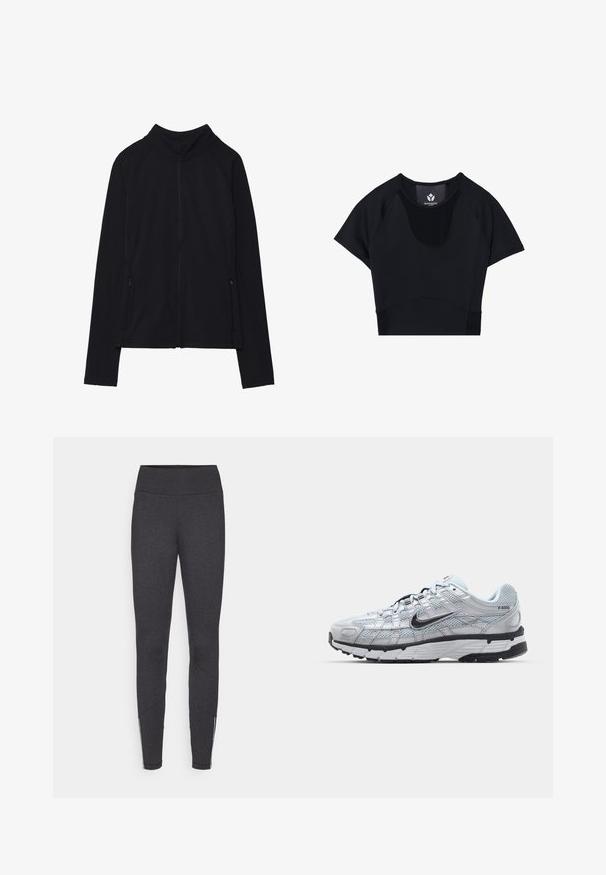 Crna jakna s dugim rukavima na patent zatvarač, visokim ovratnikom i dva prednja džepa na patent, prikazana ravno na bijeloj pozadini.; Crni sportski crop top s kratkim rukavima, s okruglim izrezom, teksturalnim detaljima i prilagođenim dizajnom za elegantan izgled.; Tamno sive tajice s visokim pojasom, izrađene od rastezljivog materijala, s bočnim patentnim zatvaračima na gležnjevima i glatkom teksturom.; Nike P-6000 tenisice sa svijetlosivom mrežastom gornjištu, crnim akcentima i izdržljivom crnom gumenom potplatu. Sadrže složen dizajn i sustav vezivanja.