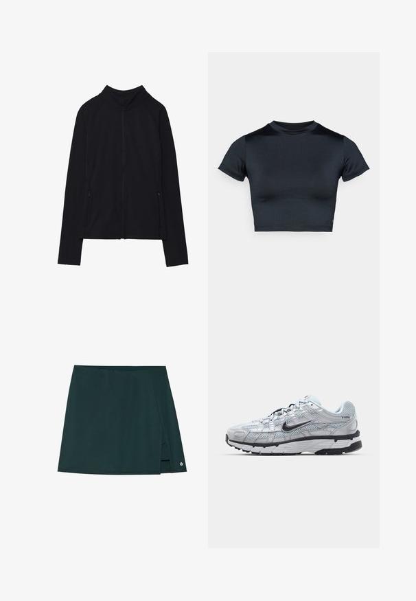 Juoda ilgarankovė striukė su užtrauktuku, aukštu apykakliu ir dviem priekinėmis kišenėmis su užtrauktukais, pateikta išdėstyta ant baltos fono.; Tamsiai mėlynas trumpomis rankovėmis crop topas, pagamintas iš lygaus, tamprios medžiagos. Suapvalinta iškirptė ir minimalūs siuvimo detalės. Logotipų nėra.; Tamsiai žalia trumpa sijonas su apvyniojimo dizainu, kuriame yra šoninė iškirptė ir subtilus logotipo akcentas prie apatinio krašto. Pagamintas iš lygaus audinio.; Nike P-6000 sportbačiai su šviesiai pilku tinkleliu, juodais akcentais ir patvariu juodu guminėm padais. Yra sudėtingas dizainas ir raištelių sistema.
