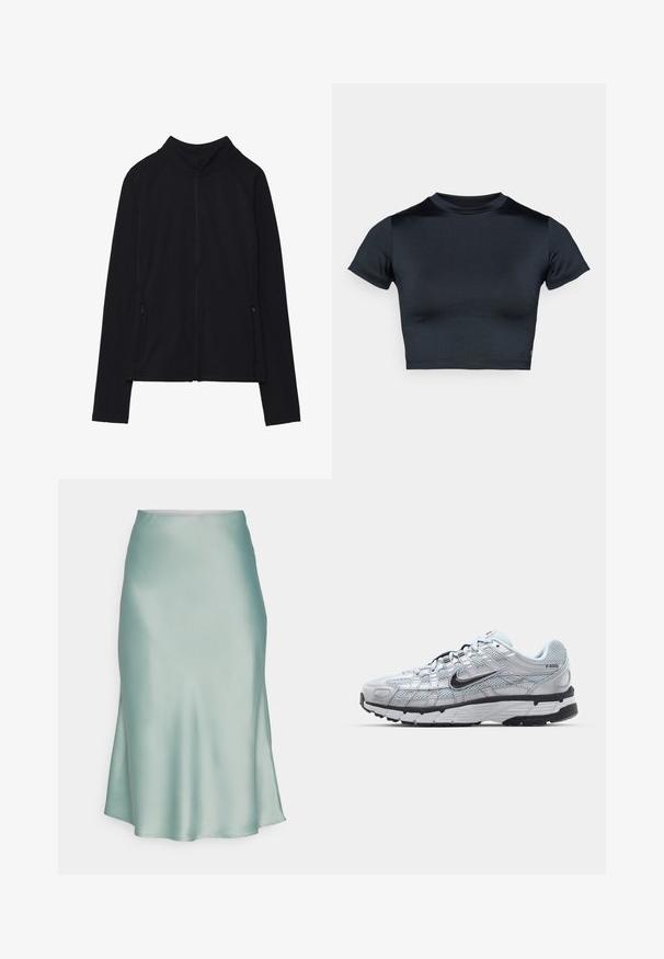 Juoda ilgarankovė striukė su užtrauktuku, aukštu apykakliu ir dviem priekinėmis kišenėmis su užtrauktukais, pateikta išdėstyta ant baltos fono.; Tamsiai mėlynas trumpomis rankovėmis crop topas, pagamintas iš lygaus, tamprios medžiagos. Suapvalinta iškirptė ir minimalūs siuvimo detalės. Logotipų nėra.; Mėtų žalios satino sijonas, turintis lygų tekstūrą, elegantišką siluetą ir lengvą įpjovimą vienoje pusėje. Nėra matomų detalių ar raštų.; Nike P-6000 sportbačiai su šviesiai pilku tinkleliu, juodais akcentais ir patvariu juodu guminėm padais. Yra sudėtingas dizainas ir raištelių sistema.