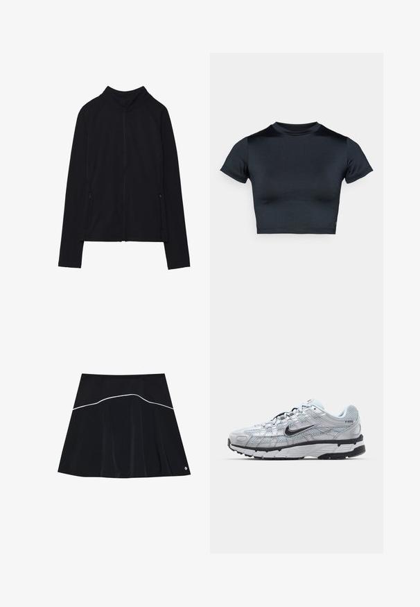 Jachetă neagră cu mâneci lungi și fermoar, guler înalt și două buzunare frontale cu fermoar, prezentată așezată plat pe fundal alb.; Top scurt cu mâneci scurte, cropped, în nuanță bleumarin închis, realizat dintr-un material neted și elastic. Are un decolteu rotund și detalii minime de cusături. Fără logo-uri vizibile.; Fustă neagră cu un design evazat, având linii curbe albe de accent. Fabricată dintr-un material neted, ușor. Detaliu cu logo la tiv.; Tenisii Nike P-6000 cu un upper din plasă gri deschis, accente negre și o talpă din cauciuc negru durabilă. Caracterizează un design complex și un sistem de șireturi sofisticat.