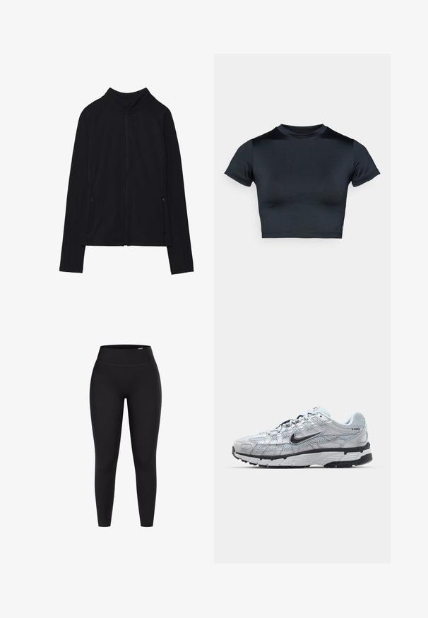 Zwarte lange mouwen jas met ritssluiting, hoge kraag en twee voorzakken met rits, plat neergelegd tegen een witte achtergrond.; Kort mouw cropped top in donker marineblauw, gemaakt van glad, rekbaar stof. Voorzien van een ronde halslijn en minimale stikdetails. Geen zichtbare logo's.; Zwarte hoge taille legging gemaakt van rekbaar materiaal, met een gladde textuur en een aansluitend ontwerp zonder zichtbare hardware of patronen.; Nike P-6000 sneakers met een lichtgrijze mesh bovenkant, zwarte accenten en een duurzame zwarte rubberen zool. Kenmerkt zich door een ingewikkeld ontwerp en vetersysteem.
