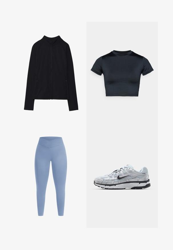 Chaqueta negra de manga larga con cremallera, cuello alto y dos bolsillos delanteros con cremallera, exhibida plana sobre un fondo blanco.; Top corto de manga corta en azul marino oscuro, hecho de tela lisa y elástica. Presenta un escote redondo y detalles mínimos de costura. No se ven logotipos.; Leggings de color azul claro con una cintura alta y cruzada. Textura suave, diseño ajustado y cobertura completa sin patrones ni adornos.; Zapatillas Nike P-6000 con parte superior de malla gris claro, acentos negros y suela de goma negra duradera. Presentan un diseño intrincado y un sistema de cordones.