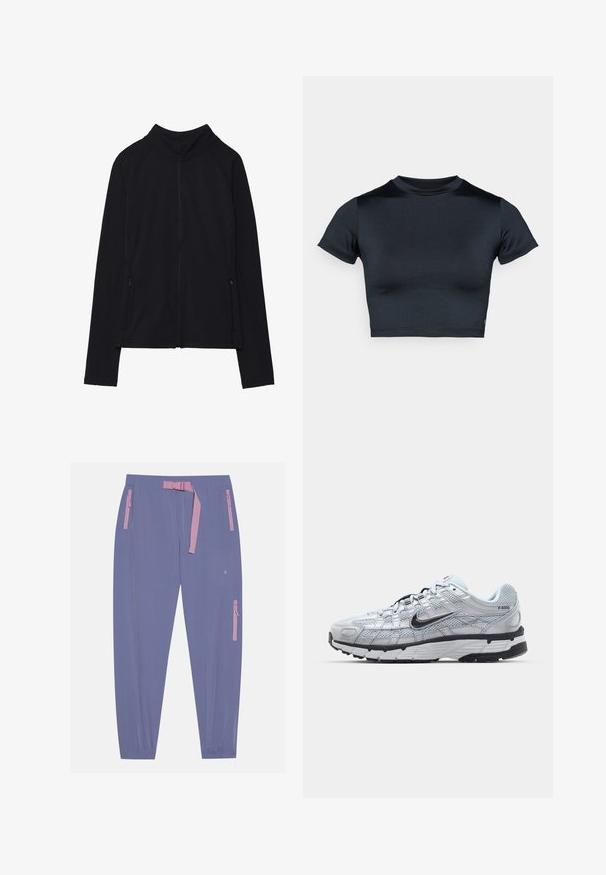 Black long-sleeve zip-up jacket with high collar and two front zippered pockets, displayed flat against white background.; Short-sleeve cropped top in dark navy, made of smooth, stretch fabric. Features a round neckline and minimal stitching details. No logos visible.; Even&Odd active Outdoor trousers - blue/grey; Nike P-6000 sneakers with a light grey mesh upper, black accents, and a durable black rubber sole. Features intricate design and lacing system.