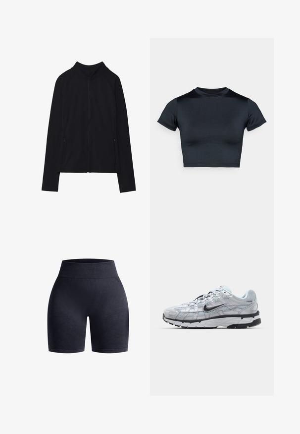 Schwarze, langärmelige Jacke mit Reißverschluss, hohem Kragen und zwei vorderen Reißverschlusstaschen, flach auf weißem Hintergrund präsentiert.; Kurzärmeliges, bauchfreies Top in Dunkelblau, hergestellt aus glattem, elastischem Stoff. Verfügt über einen runden Ausschnitt und minimale Nahtdetails. Keine sichtbaren Logos.; Hoch taillierte schwarze Shorts aus strukturiertem Stoff mit subtilen Musterakzenten, entworfen für Komfort und Flexibilität.; Nike P-6000 Sneakers mit einem Obermaterial aus leichtem grauem Mesh, schwarzen Akzenten und einer langlebigen schwarzen Gummisohle. Verfügt über ein komplexes Design und ein Schnürsystem.