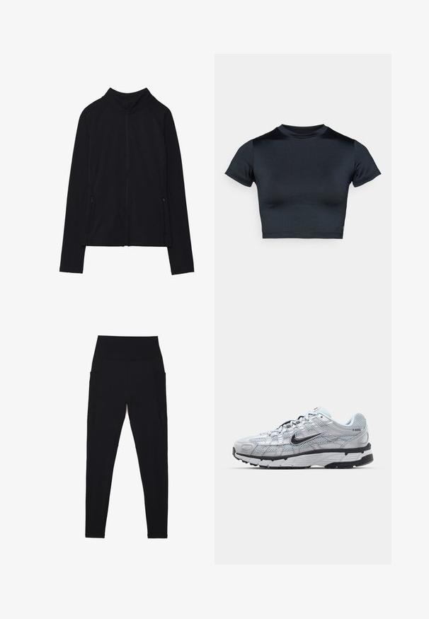 Mustast pikkade varrukatega lukuga jakk kõrge kraega ja kahe esiosaga lukuga taskuga, eksponeeritud lamedana valgel taustal.; Lühikeste varrukatega lühike tume mereväe sinine topp, valmistatud siledast ja elastsetest kangast. Omab ümmargust kaelust ja minimaalseid õmbluse detaile. Logosid ei ole nähtaval.; Mustad retuusid kõrge soonikkoega vöökohaga, õmblusteta disain, küljetaskud ja ühtlane siledapinnaline tekstuur.; Nike P-6000 tenniset heleda halli võrgust pealteega, mustade aktsentidega ja vastupidava musta kummist tallaga. Omab keerukat disaini ja paeltesüsteemi.