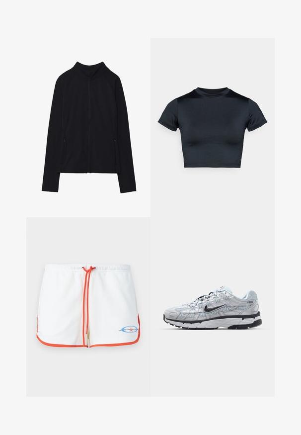 Svart langermet jakke med glidelås, høy krage og to frontlommer med glidelås, vist flat på hvit bakgrunn.; Kortermet cropped topp i mørk marineblå, laget av glatt, stretchstoff. Har rund hals og minimale sømdetaljer. Ingen synlige logoer.; Hvite shorts med oransje snor og kant. Har et grafisk logo i blått og rødt. Myk stoff med et avslappet design.; Nike P-6000 sneakers med en lys grå mesh-overdel, sorte detaljer og en slitesterk svart gummisåle. Har et intrikat design og snøresystem.