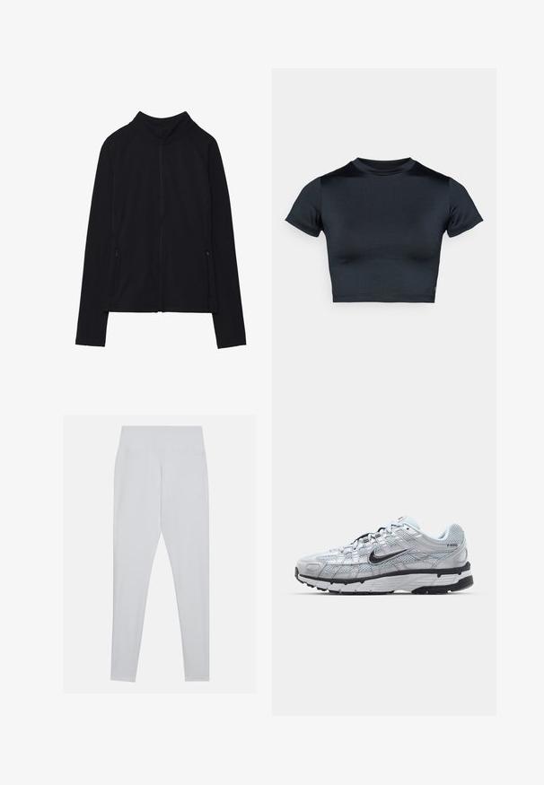 Schwarze, langärmelige Jacke mit Reißverschluss, hohem Kragen und zwei vorderen Reißverschlusstaschen, flach auf weißem Hintergrund präsentiert.; Kurzärmeliges, bauchfreies Top in Dunkelblau, hergestellt aus glattem, elastischem Stoff. Verfügt über einen runden Ausschnitt und minimale Nahtdetails. Keine sichtbaren Logos.; Weiße Leggings aus elastischem Material mit einem hohen Bund, glatter Textur und ohne sichtbare Nähte oder Verzierungen.; Nike P-6000 Sneakers mit einem Obermaterial aus leichtem grauem Mesh, schwarzen Akzenten und einer langlebigen schwarzen Gummisohle. Verfügt über ein komplexes Design und ein Schnürsystem.