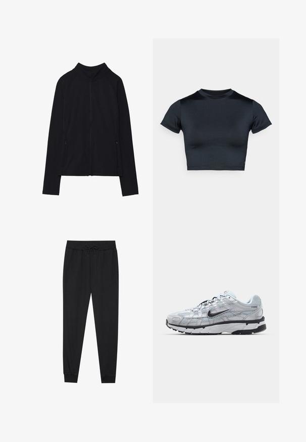 Sort langærmet lynlåsjakke med høj krave og to lynlåslommer foran, vist fladt mod en hvid baggrund.; Kortærmet cropped top i mørk navy, lavet af glat, stretchstof. Har rund halsudskæring og minimale syningsdetaljer. Ingen synlige logoer.; Sorte sweatpants lavet af blødt stof, med elastisk talje og snor, tapered ben og ribbede manchetter ved anklerne.; Nike P-6000 sneakers med en lys grå mesh overdel, sorte accenter og en holdbar sort gummisål. Har et detaljeret design og snøresystem.