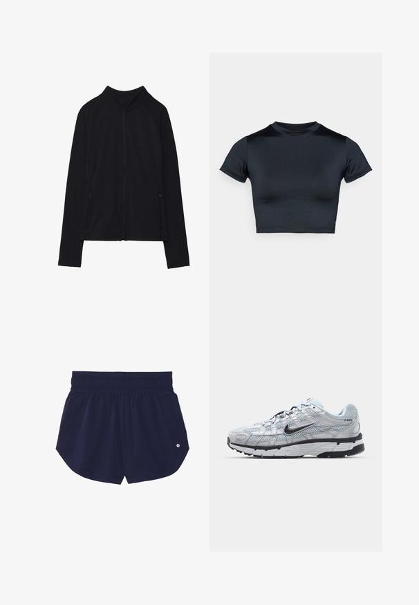 Musta pitkähihainen vetoketjullinen takki, jossa korkea kaulus ja kaksi etutaskua vetoketjulla, esitettynä tasaisesti valkoista taustaa vasten.; Lyhythihainen lyhyt toppi tummansinisenä, valmistettu sileästä, joustavasta kankaasta. Pyöreä pääntie ja minimaalinen ompeludetaljit. Ei näkyviä logoja.; Laivastonsiniset urheilushortsit, joissa on joustava vyötärönauha, kaksi sivutaskua ja pieni logo alaoikealla puolella. Sileä pinta ja rento istuvuus.; Nike P-6000 tennarit, joissa on vaaleanharmaa verkkomateriaali, mustia yksityiskohtia ja kestävä musta kumipohja. Ominaisuuksia ovat monimutkainen muotoilu ja nauhoitusjärjestelmä.