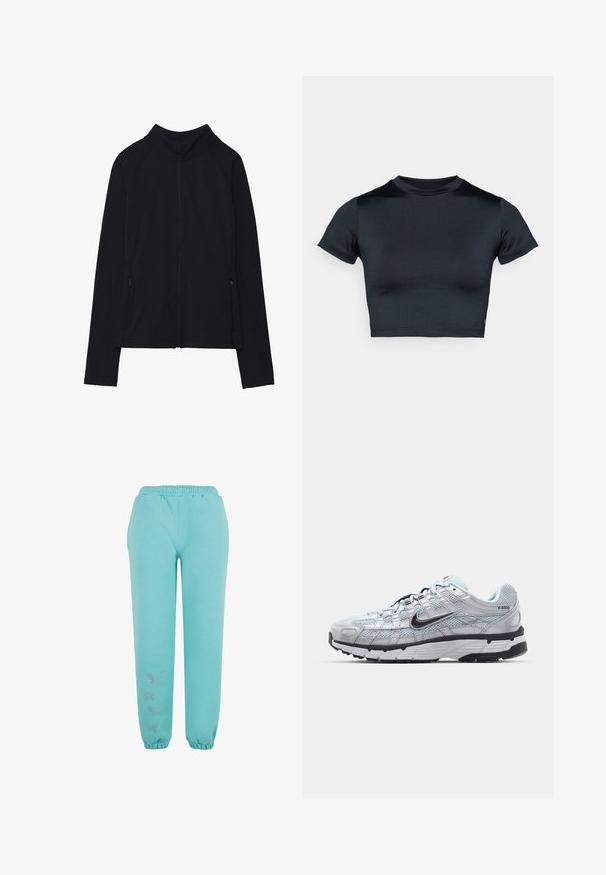 Fekete, hosszú ujjú, cipzáros dzseki magas gallérral és két elől cipzáras zsebbel, fehér háttér előtt laposan elhelyezve.; Rövid ujjú, crop fazonú, sötét tengerészkék felső, sima, rugalmas anyagból. Kerek nyakkivágással és minimális varrási részletekkel rendelkezik. Látható logó nélkül.; Török színű jogger nadrág, puha anyagból készült, rugalmas derékkal, rugalmas mandzsettákkal és díszítő pillangó elemekkel.; Nike P-6000 sportcipő, világosszürke hálós felsőrésszel, fekete részletekkel és tartós fekete gumitalppal. Bonyolult dizájnnal és fűzőrendszerrel rendelkezik.