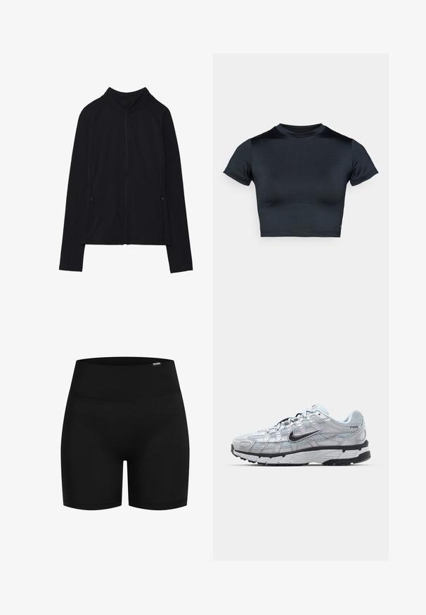 Black long-sleeve zip-up jacket with high collar and two front zippered pockets, displayed flat against white background.; Short-sleeve cropped top in dark navy, made of smooth, stretch fabric. Features a round neckline and minimal stitching details. No logos visible.; Black athletic shorts with a smooth, stretchy fabric; high waistband; no visible patterns or hardware; knee-length cut.; Nike P-6000 sneakers with a light grey mesh upper, black accents, and a durable black rubber sole. Features intricate design and lacing system.