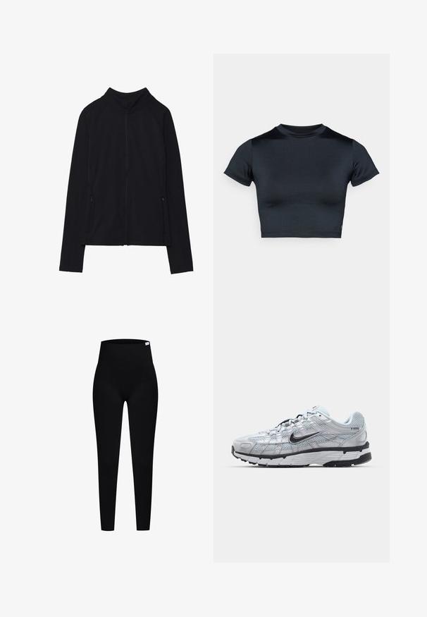 Veste noire à manches longues avec fermeture éclair, col montant et deux poches avant zippées, présentée à plat sur fond blanc.; Haut court à manches courtes en bleu marine foncé, fabriqué en tissu lisse et extensible. Présente un col rond et des détails de couture minimes. Aucun logo visible.; Leggings noirs côtelés avec une taille haute, présentant une texture lisse et une coupe ajustée, idéales pour le sport ou les tenues décontractées.; Baskets Nike P-6000 avec une tige en mesh gris clair, des accents noirs et une semelle en caoutchouc noir durable. Présente un design complexe et un système de laçage.