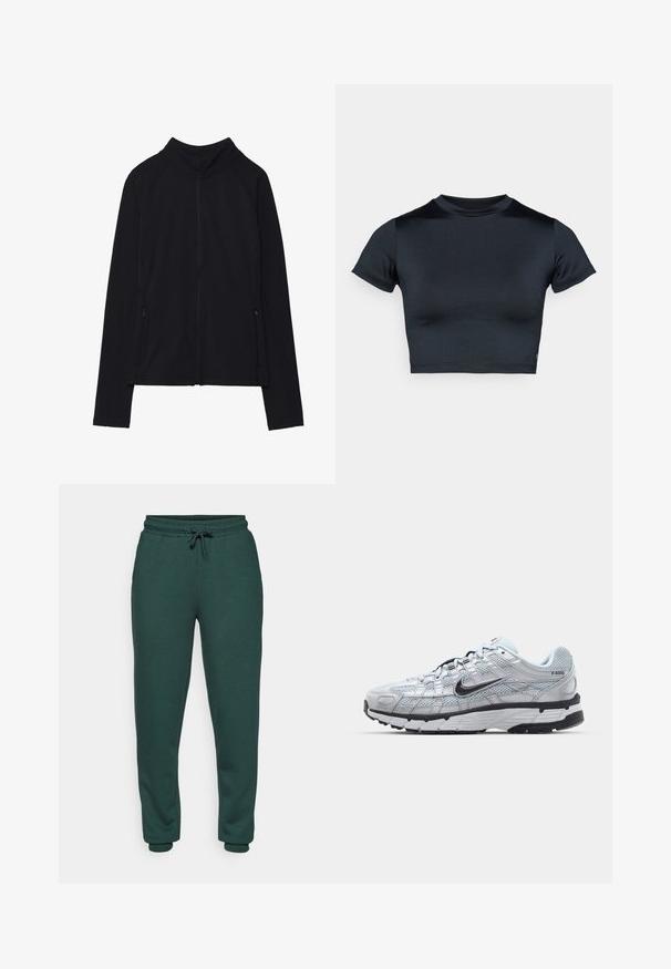 Black long-sleeve zip-up jacket with high collar and two front zippered pockets, displayed flat against white background.; Short-sleeve cropped top in dark navy, made of smooth, stretch fabric. Features a round neckline and minimal stitching details. No logos visible.; Green sweatpants made of soft, textured fabric. Features elastic waistband with drawstring, tapered legs, and fitted cuffs at the ankles.; Nike P-6000 sneakers with a light grey mesh upper, black accents, and a durable black rubber sole. Features intricate design and lacing system.