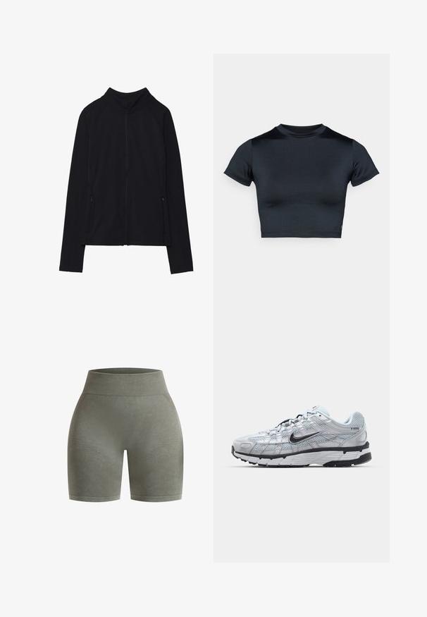 Czarna kurtka zapinana na suwak z długim rękawem, z wysokim kołnierzem i dwoma przednimi kieszeniami na suwak, wyłożona na płasko na białym tle.; Krótki top z krótkim rękawem w ciemnym granacie, wykonany z gładkiej, elastycznej tkaniny. Posiada okrągły dekolt i minimalne przeszycia. Brak widocznych logo.; Wyższe, oliwkowozielone szorty sportowe wykonane z gładkiego materiału, z teksturowanymi akcentami i dopasowanym krojem zapewniającym wygodę.; Nike P-6000 sneakers z jasnoszarym siateczkowym wierzchem, czarnymi akcentami i trwałą czarną gumową podeszwą. Charakteryzują się skomplikowanym wzornictwem i systemem sznurowania.