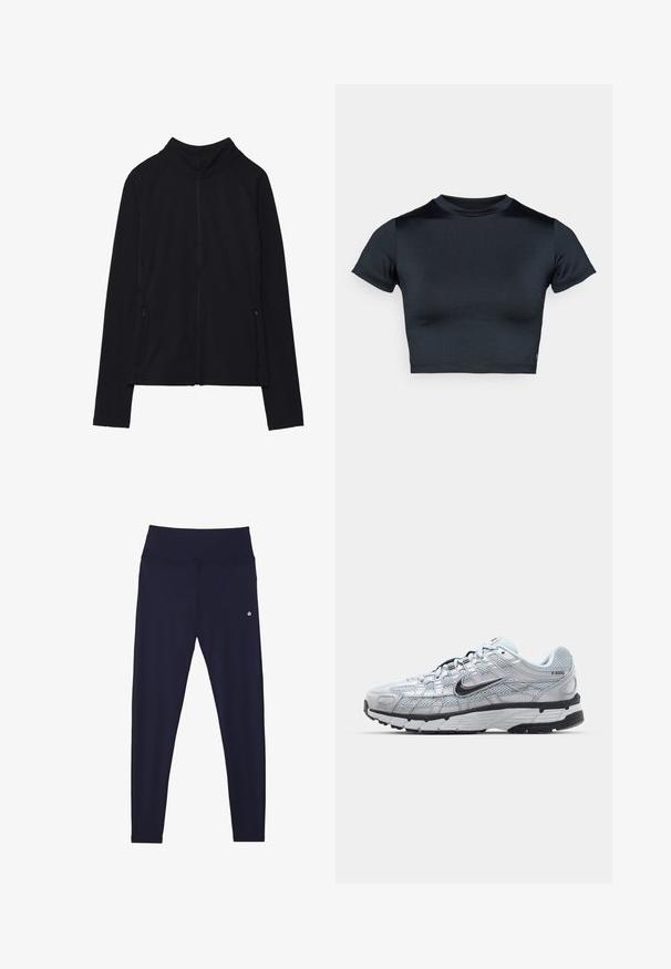 Even&Odd active Verryttelytakki - black; Lyhythihainen lyhyt toppi tummansinisenä, valmistettu sileästä, joustavasta kankaasta. Pyöreä pääntie ja minimaalinen ompeludetaljit. Ei näkyviä logoja.; Even&Odd active ESSENTIAL FULL LENGTH HIGH RISE LEGGINGS - Trikoot - dark blue; Nike P-6000 tennarit, joissa on vaaleanharmaa verkkomateriaali, mustia yksityiskohtia ja kestävä musta kumipohja. Ominaisuuksia ovat monimutkainen muotoilu ja nauhoitusjärjestelmä.