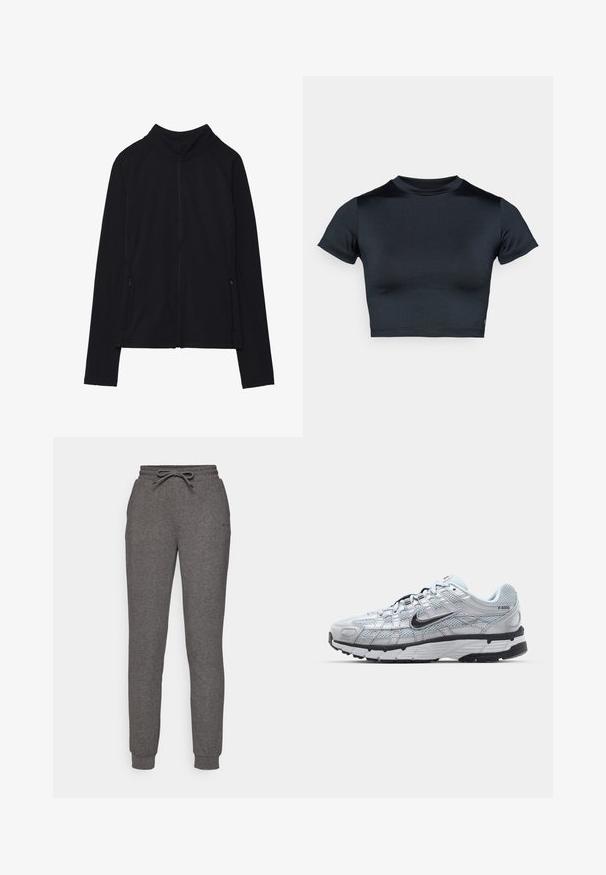 Black long-sleeve zip-up jacket with high collar and two front zippered pockets, displayed flat against white background.; Short-sleeve cropped top in dark navy, made of smooth, stretch fabric. Features a round neckline and minimal stitching details. No logos visible.; Gray sweatpants made of soft fabric, featuring an elastic waistband with a drawstring, cuffed ankles, and a small logo detail.; Nike P-6000 sneakers with a light grey mesh upper, black accents, and a durable black rubber sole. Features intricate design and lacing system.