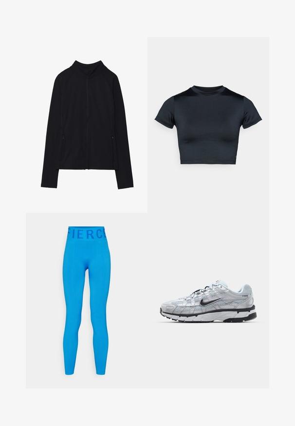 Giacca nera a maniche lunghe con zip e collo alto, due tasche frontali con zip, mostrata distesa su sfondo bianco.; Top corto a maniche corte in blu navy scuro, realizzato in tessuto liscio e elasticizzato. Presenta una scollatura tonda e dettagli di cuciture minimali. Nessun logo visibile.; Even&Odd active Leggings - blue; Sneakers Nike P-6000 con una toma superiore in mesh grigio chiaro, accenti neri e una resistente suola in gomma nera. Dotati di un design intricato e di un sistema di allacciatura.
