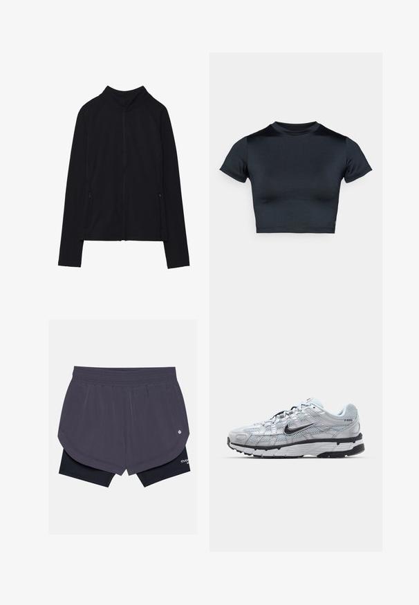 Melna garām piedurknēm jaka ar rāvējslēdzēju, augstu apkakli un divām priekšējām kabatām ar rāvējslēdzēju, attēlota uz baltas virsmas.; Īsroku krekls tumši zilo krāsā, izgatavots no gludas, elastīgas auduma. Tam ir apaļš kakla izgriezums un minimālas šujuma detaļas. Nav redzamu logo.; Tumši purpursarkani skrējiena šorti ar slāņotu dizainu, melniem iekšējiem šortiem, elastīgu jostasvītnu un sānu kabatām.; Nike P-6000 sporta apavi ar gaiši pelēku tīkla augšdaļu, melniem akcentiem un izturīgu melnu gumijas zoli. Iekļauj sarežģītu dizainu un saites sistēmu.
