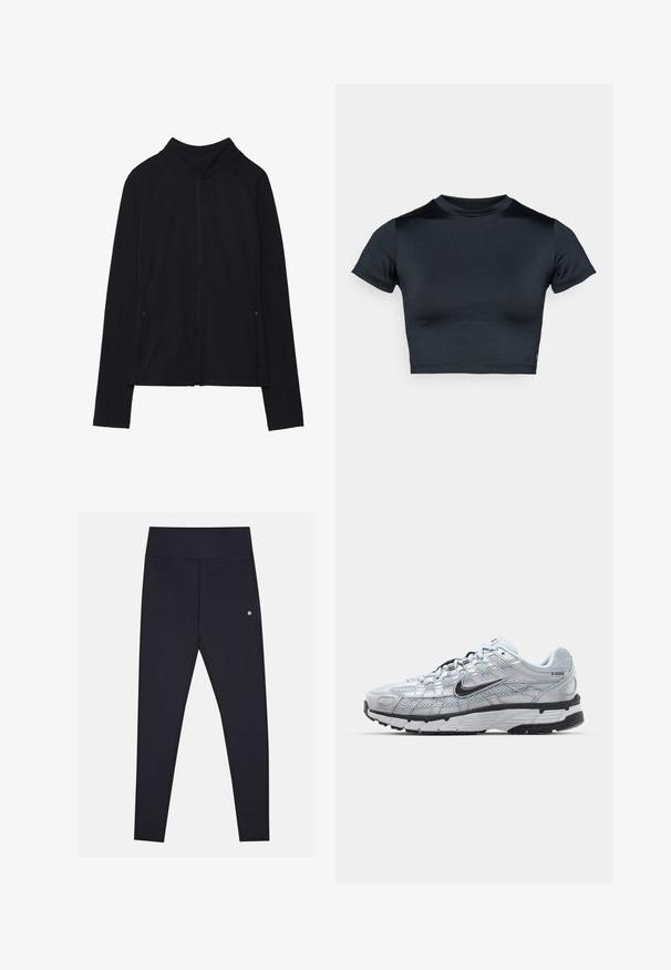 Veste noire à manches longues avec fermeture éclair, col montant et deux poches avant zippées, présentée à plat sur fond blanc.; Haut court à manches courtes en bleu marine foncé, fabriqué en tissu lisse et extensible. Présente un col rond et des détails de couture minimes. Aucun logo visible.; Leggings noirs en tissu doux et extensible, avec une taille haute, dotés de coutures discrètes et d'un petit logo sur le côté.; Baskets Nike P-6000 avec une tige en mesh gris clair, des accents noirs et une semelle en caoutchouc noir durable. Présente un design complexe et un système de laçage.