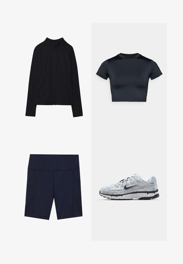 Jachetă neagră cu mâneci lungi și fermoar, guler înalt și două buzunare frontale cu fermoar, prezentată așezată plat pe fundal alb.; Top scurt cu mâneci scurte, cropped, în nuanță bleumarin închis, realizat dintr-un material neted și elastic. Are un decolteu rotund și detalii minime de cusături. Fără logo-uri vizibile.; Șorturi atletice de culoare albastru marin, cu o textură netedă, talie lată și două buzunare laterale. Prezintă detalii cu cusături contrastante și o formă ajustată.; Tenisii Nike P-6000 cu un upper din plasă gri deschis, accente negre și o talpă din cauciuc negru durabilă. Caracterizează un design complex și un sistem de șireturi sofisticat.