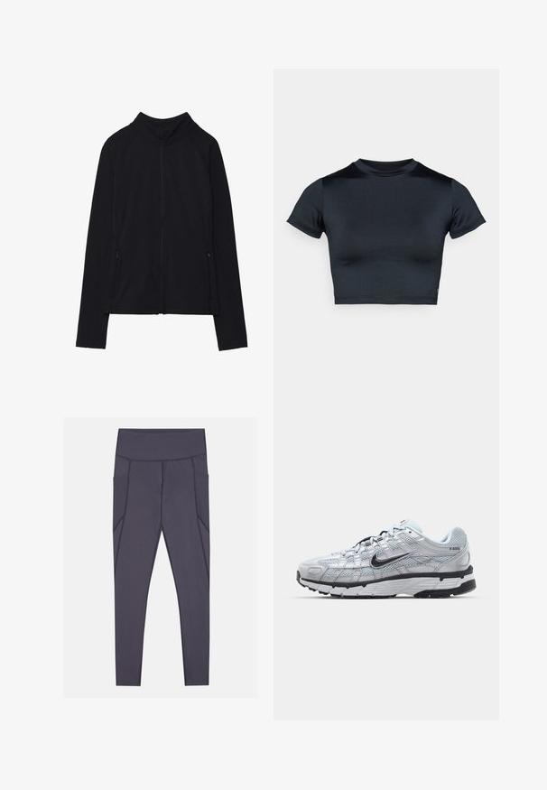 Sort langærmet lynlåsjakke med høj krave og to lynlåslommer foran, vist fladt mod en hvid baggrund.; Kortærmet cropped top i mørk navy, lavet af glat, stretchstof. Har rund halsudskæring og minimale syningsdetaljer. Ingen synlige logoer.; Mørkegrå leggings med høj talje, der har sidelommer og strukturerede syninger. Fremstillet af strækbart, åndbart stof.; Nike P-6000 sneakers med en lys grå mesh overdel, sorte accenter og en holdbar sort gummisål. Har et detaljeret design og snøresystem.