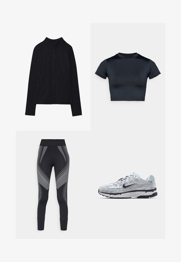 Sort langærmet lynlåsjakke med høj krave og to lynlåslommer foran, vist fladt mod en hvid baggrund.; Kortærmet cropped top i mørk navy, lavet af glat, stretchstof. Har rund halsudskæring og minimale syningsdetaljer. Ingen synlige logoer.; Sorte leggings med en bred talje, der har metalliske sølvmønstre og accenter, herunder linjer og prikker langs siderne.; Nike P-6000 sneakers med en lys grå mesh overdel, sorte accenter og en holdbar sort gummisål. Har et detaljeret design og snøresystem.