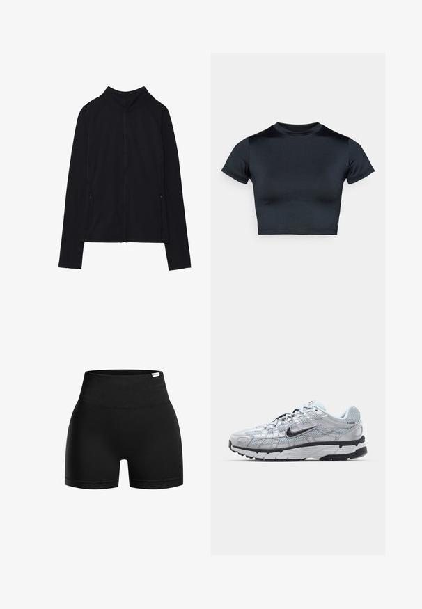 Sort langærmet lynlåsjakke med høj krave og to lynlåslommer foran, vist fladt mod en hvid baggrund.; Kortærmet cropped top i mørk navy, lavet af glat, stretchstof. Har rund halsudskæring og minimale syningsdetaljer. Ingen synlige logoer.; Sorte højtaljede shorts lavet af glat, strækbart materiale med en bred talje og kort indersøm, der har en subtil glans.; Nike P-6000 sneakers med en lys grå mesh overdel, sorte accenter og en holdbar sort gummisål. Har et detaljeret design og snøresystem.