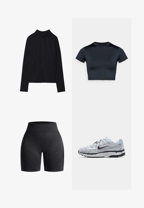 Schwarze, langärmelige Jacke mit Reißverschluss, hohem Kragen und zwei vorderen Reißverschlusstaschen, flach auf weißem Hintergrund präsentiert.; Kurzärmeliges, bauchfreies Top in Dunkelblau, hergestellt aus glattem, elastischem Stoff. Verfügt über einen runden Ausschnitt und minimale Nahtdetails. Keine sichtbaren Logos.; Schwarze Sportshorts mit hohem Bund, aus texturiertem Stoff mit subtilen horizontalen Linien und glattem Saum.; Nike P-6000 Sneakers mit einem Obermaterial aus leichtem grauem Mesh, schwarzen Akzenten und einer langlebigen schwarzen Gummisohle. Verfügt über ein komplexes Design und ein Schnürsystem.