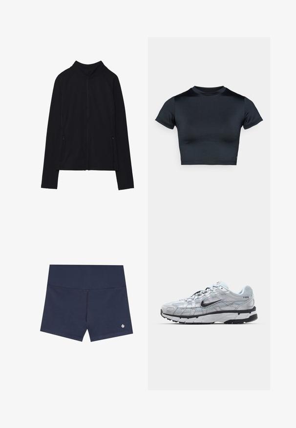 Crna jakna s dugim rukavima na patent zatvarač, visokim ovratnikom i dva prednja džepa na patent, prikazana ravno na bijeloj pozadini.; Kratka majica s kratkim rukavima u tamno plavoj boji, izrađena od glatkog, rastezljivog materijala. Ima okrugli izrez i minimalne šavove. Nema vidljivih logotipa.; Tamno plave kupaće gaće od glatkog materijala, s bešavnom konstrukcijom, elastičnom waist linijom i malim logom na donjoj desnoj strani.; Nike P-6000 tenisice sa svijetlosivom mrežastom gornjištu, crnim akcentima i izdržljivom crnom gumenom potplatu. Sadrže složen dizajn i sustav vezivanja.