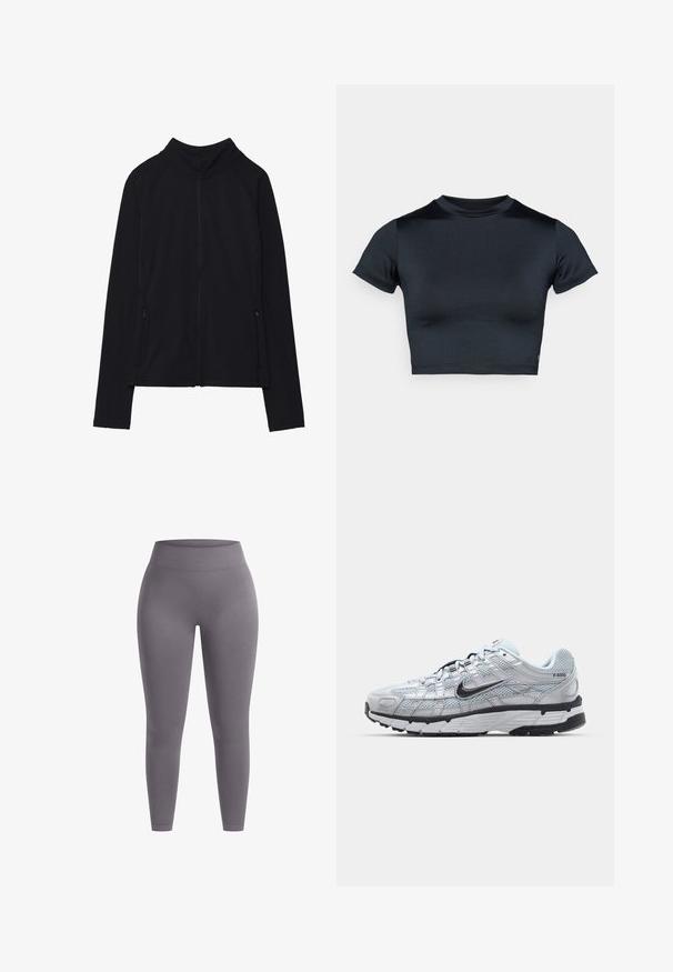 Black long-sleeve zip-up jacket with high collar and two front zippered pockets, displayed flat against white background.; Short-sleeve cropped top in dark navy, made of smooth, stretch fabric. Features a round neckline and minimal stitching details. No logos visible.; Gray leggings with a high, elastic waistband. Made from smooth, stretchy material, featuring a fitted design and seamless construction.; Nike P-6000 sneakers with a light grey mesh upper, black accents, and a durable black rubber sole. Features intricate design and lacing system.