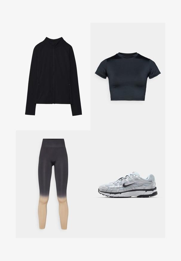Sort langærmet lynlåsjakke med høj krave og to lynlåslommer foran, vist fladt mod en hvid baggrund.; Kortærmet cropped top i mørk navy, lavet af glat, stretchstof. Har rund halsudskæring og minimale syningsdetaljer. Ingen synlige logoer.; Sort og beige ombre leggings med høj talje. Fremstillet af et strækbart materiale, der har en glat tekstur og tætsiddende design.; Nike P-6000 sneakers med en lys grå mesh overdel, sorte accenter og en holdbar sort gummisål. Har et detaljeret design og snøresystem.