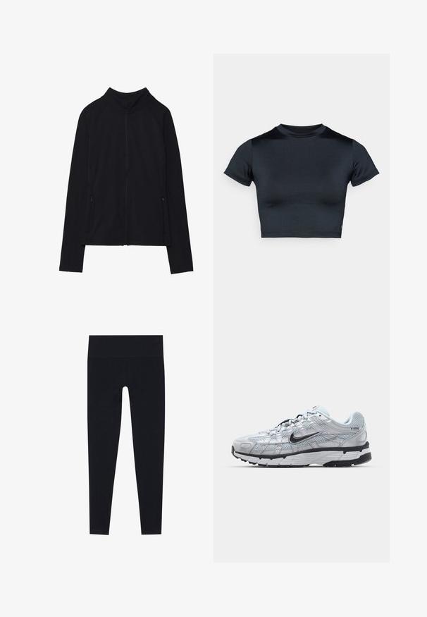 Sort langærmet lynlåsjakke med høj krave og to lynlåslommer foran, vist fladt mod en hvid baggrund.; Kortærmet cropped top i mørk navy, lavet af glat, stretchstof. Har rund halsudskæring og minimale syningsdetaljer. Ingen synlige logoer.; Even&Odd active FULL LENGTH HIGH RISE FINE RIB SEAMLESS LEGGINGS - Tights - black; Nike P-6000 sneakers med en lys grå mesh overdel, sorte accenter og en holdbar sort gummisål. Har et detaljeret design og snøresystem.