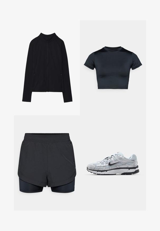Svart langermet jakke med glidelås, høy krage og to frontlommer med glidelås, vist flat på hvit bakgrunn.; Kortermet cropped topp i mørk marineblå, laget av glatt, stretchstoff. Har rund hals og minimale sømdetaljer. Ingen synlige logoer.; Sorte treningsshorts med et ytterlag som har en tettsittende innerfôr. Midjebåndet er elastisk, og stoffet virker lett og glatt.; Nike P-6000 sneakers med en lys grå mesh-overdel, sorte detaljer og en slitesterk svart gummisåle. Har et intrikat design og snøresystem.