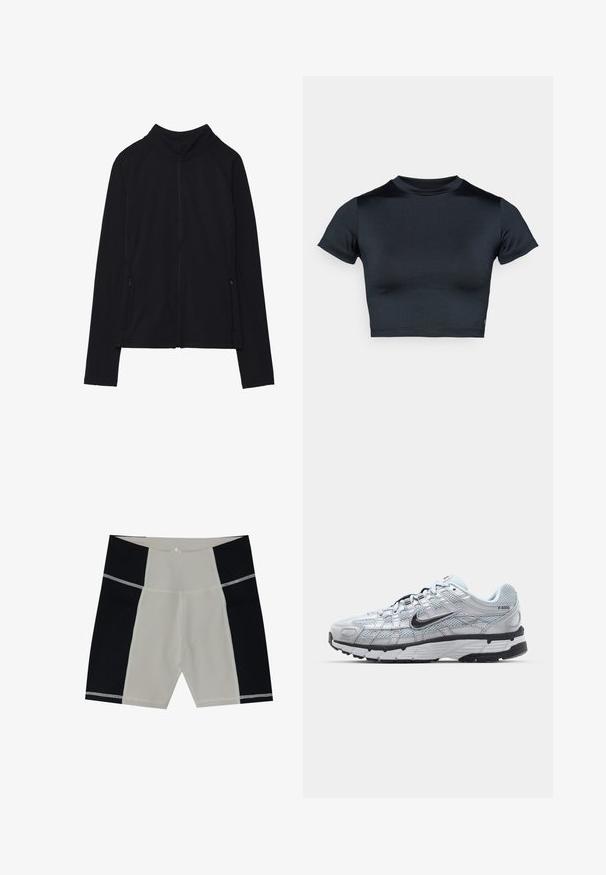 Crna jakna s dugim rukavima na patent zatvarač, visokim ovratnikom i dva prednja džepa na patent, prikazana ravno na bijeloj pozadini.; Kratka majica s kratkim rukavima u tamno plavoj boji, izrađena od glatkog, rastezljivog materijala. Ima okrugli izrez i minimalne šavove. Nema vidljivih logotipa.; Muške kupaćice s bež središnjim panelom i crnim bočnim panelima. Izrađene od glatkog materijala s kontrastnim šavovima. Dužina do sredine bedara.; Nike P-6000 tenisice sa svijetlosivom mrežastom gornjištu, crnim akcentima i izdržljivom crnom gumenom potplatu. Sadrže složen dizajn i sustav vezivanja.