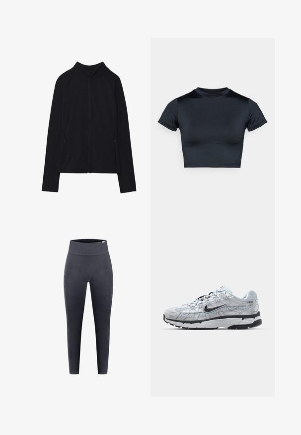 Even&Odd active Training jacket - black; Short-sleeve cropped top in dark navy, made of smooth, stretch fabric. Features a round neckline and minimal stitching details. No logos visible.; Black leggings made of stretchy fabric, featuring a high waistband, smooth texture, and a fitted silhouette.; Nike P-6000 sneakers with a light grey mesh upper, black accents, and a durable black rubber sole. Features intricate design and lacing system.