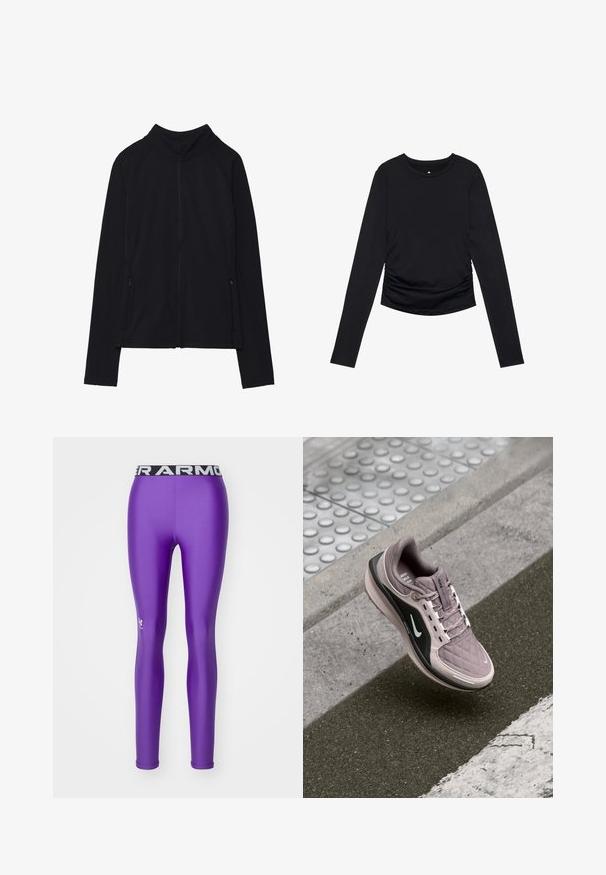 Black long-sleeve zip-up jacket with high collar and two front zippered pockets, displayed flat against white background.; Black long-sleeve top with a round neckline and gathered detailing at the sides, displayed against a plain white background.; Under Armour HEATGEAR - Leggings - lavish/white; Light purple athletic shoe with quilted texture, black side accents, and white logo. Features laces and a cushioned sole for comfort.