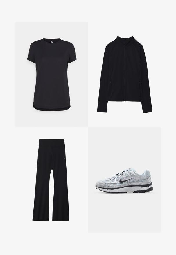 Musta pitkähihainen vetoketjullinen takki, jossa korkea kaulus ja kaksi etutaskua vetoketjulla, esitettynä tasaisesti valkoista taustaa vasten.; Even&Odd active ADAPTIVE SPORTS T-SHIRT WITH OPENING - Tekninen t-paita - black; Mustat liehukkeet joustavasta materiaalista, joissa on leveä vyötärönauha ja pieni logo lonkassa. Sileä pinta ja täyspitkä malli.; Nike P-6000 tennarit, joissa on vaaleanharmaa verkkomateriaali, mustia yksityiskohtia ja kestävä musta kumipohja. Ominaisuuksia ovat monimutkainen muotoilu ja nauhoitusjärjestelmä.